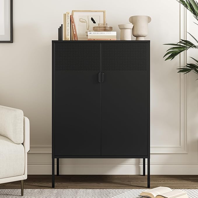 Metal Storage Cabinet,Kitchen Pantry Storage Cabinets with Doors,Buffet Cabinet with 2 Adjustable Shelves,Black Pantry Cabinets,Steel Sideboard for Home,Shoes,Office,Dining Room