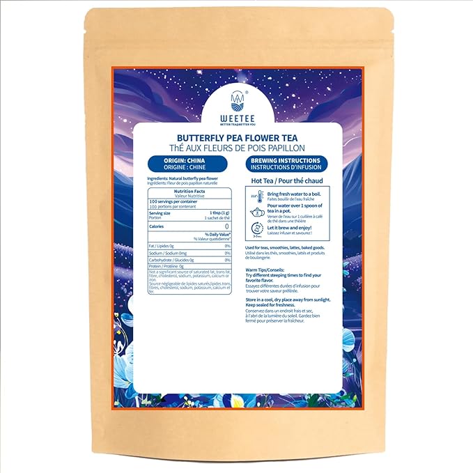 WT WEETEE Butterfly Pea Flower Tea Loose Leaf, 100% Natural & Pure from Whole Dried Butterfly Pea Flowers, Caffeine Free Herbal Tea For Blue & Purple Drinks