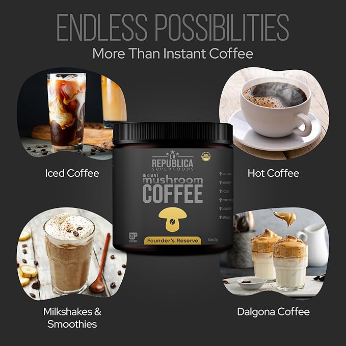 La Republica Founders Reserve Instant Mushroom Coffee Organic (35 Servings), Full Fruiting Bodies, 50% More Shrooms, Small Batch