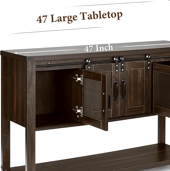 4ever2buy Farmhouse Coffee Bar Cabinet with Storage, 47'' Coffee Bar Table with Sliding Barn Door, Buffet Cabinet with Metal Mesh Doors, Console Table with Bottom Open Shelf, Brown