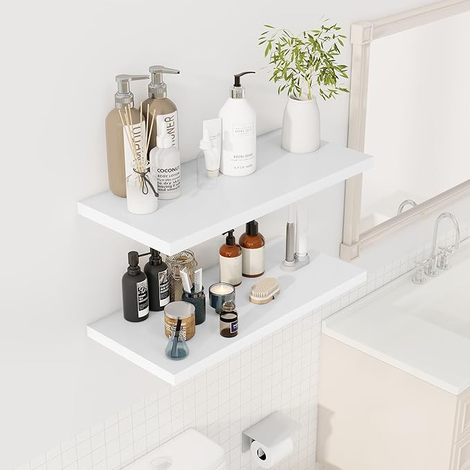 Dreamland 30" Floating Shelves for Wall, 12" Deep Slim White Floating Shelves, Wall-Mounted Shelves for Bedroom, Living Room, Kitchen, Bathroom - Set of 2