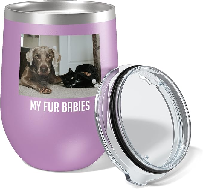 Personalized Mothers Day 12oz Photo Printed Insulated Stainless Steel Powder Coated Stemless Wine Tumbler with Lid, Customized Mum Gift Idea for Her, Custom Mom Team (Light Purple)