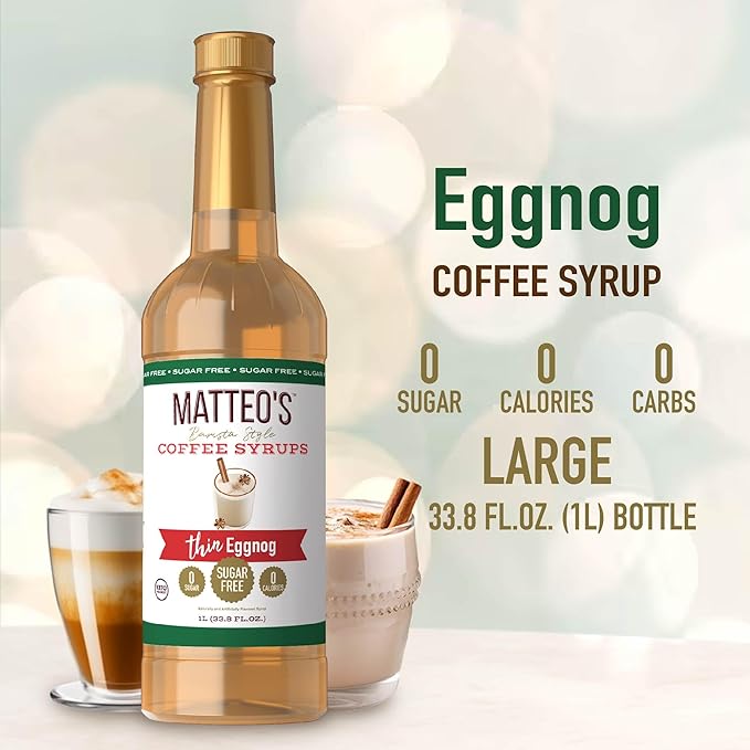 Matteo's Eggnog Syrup for Coffee, Lattes, Cappuccinos & Desserts – Sugar-Free Sweetener for Beverages, Keto Friendly, Zero Calories, Indulgent Flavor, Non-Alcoholic, Ideal for Hot Drinks 33.8oz (1pk)