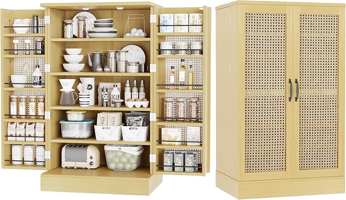 VINGLI Pantry Cabinet, Rattan Kitchen Storage Cabinet with 2 Doors and Adjustable Shelves, 40.5" H Food Storage Freestanding Cupboard for Small Space in Dining Room, Living Room