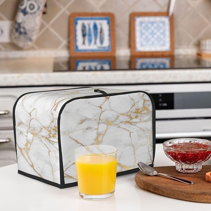Toaster Cover 2 Slice White Gold Marble Abstract Kitchen Small Appliance Covers with Pockets Dust and Fingerprint Protection