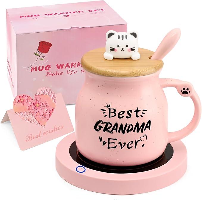 Coffee Mug Warmer, Best Grandma Ever Mug, Cute Cat Mug Set, Coffee Cup Warmer for Desk, Gifts for Grandma, Pink Heated Coffee Warmer for Nana Home Office Christmas Birthday Gifts
