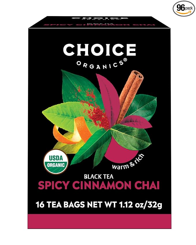 Choice Organics - Organic Spicy Cinnamon Chai Tea (6 Pack) - Rainforest Alliance - Contains Caffeine - 96 Organic Black Tea Bags