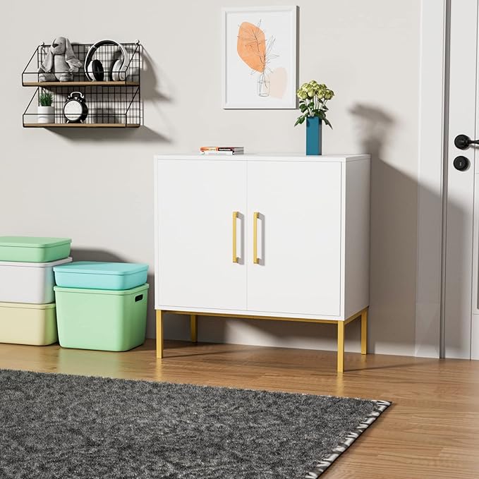 CARPETNAL Set of 2 Accent Storage Cabinet with Doors and Adjustable Shelf, Freestanding Buffet Cabinet, Modern Sideboard Buffet Cabinet for Living Room, Dining Room, Kitchen, Hallway (White)