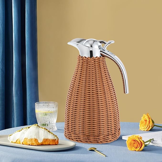 Stainless Steel Coffee Thermal Carafe, 50 Oz/1.5 L Woven Rattan Insulated Coffee Carafe Double Walled Vacuum Insualted 20 Hour Heat Cold Retention (Brown)