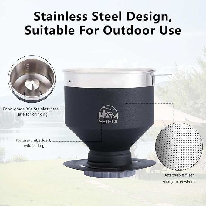 Portable Coffee Filter, Stainless Steel Reusable Dripper for Insulated Mugs, Paperless Coffee Maker for Hiking Camping & Outdoor Adventures, Lightweight Easy Clean & Gift Ready