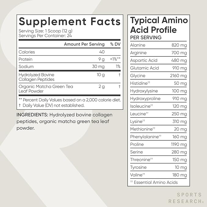 Sports Research Premium Collagen Peptides Powder and Organic Matcha Green Tea - Collagen Powder Protein Supplement with Japanese Matcha and Amino Acids - Gluten Free, Non-GMO, Sugar Free