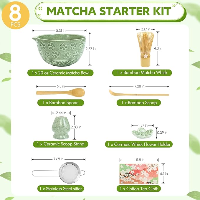 8 PCS Premium Matcha Whisk Set - Japanese Matcha Bowl Tea Making Tools Bamboo Whisk Kit Traditional Handcrafted Tea Ceremony Tools Gifts for Matcha Lovers and Beigners