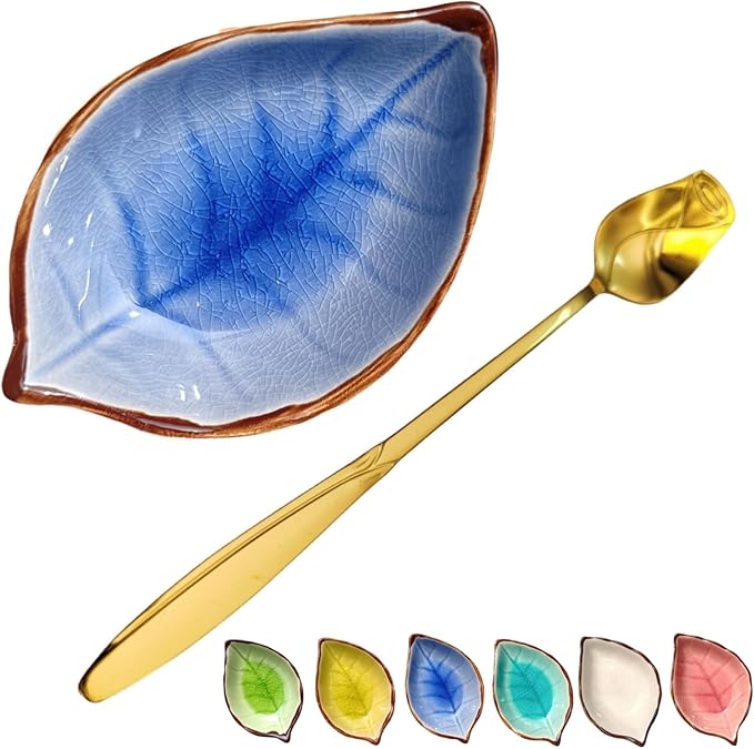 Coffee Spoon and Rest for Coffee Bar Accessories, Leaf Small Spoon Rest for Coffee Station, Tea Spoon Rest Tea Spoon Holder Teaspoon Rest, 1 PC (Ice Cracks Sapphire with Gold Rose Spoon)