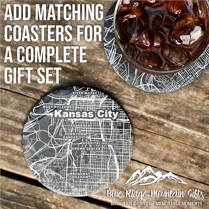 Blue Ridge Mountain Gifts - Kansas City Souvenir - Missouri Glassware Gift, Etched City Map, Laser Engraved and Dishwasher Safe