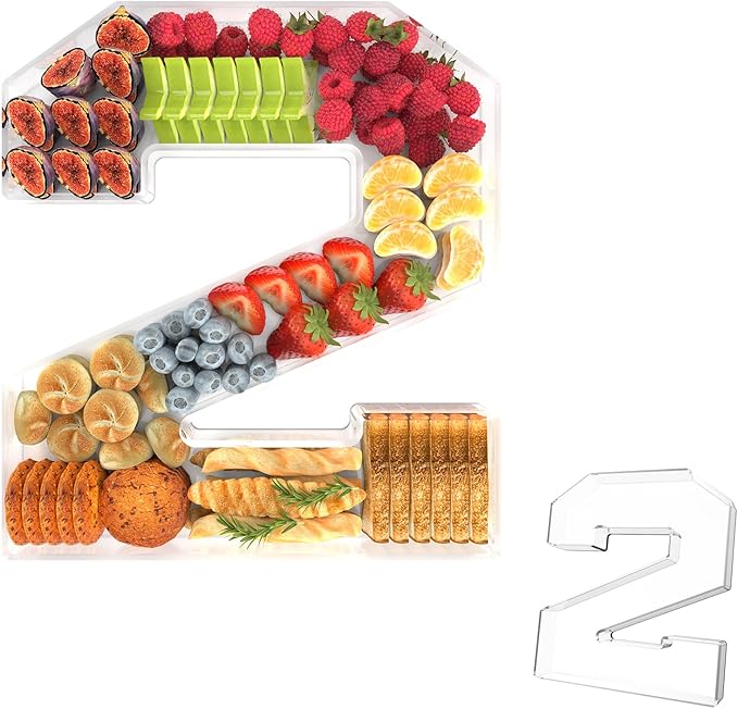 11" Acrylic Number Charcuterie Tray, Fillable Number Charcuterie Box for Food, Reusable Serving Cake Candy Dish Display Tray for Birthday Anniversary Party Decoration (Square Number 2)