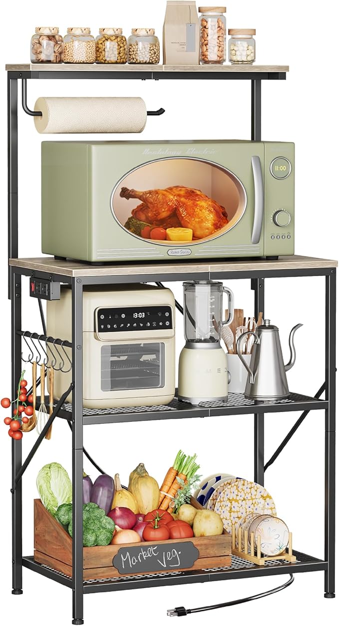 Huuger 4-Tier Bakers Rack with Reversible Power Outlet, 23.6 Inch Microwave Stand, Kitchen Coffee Bar, with Top Shelf, 6 S Hooks, Greige