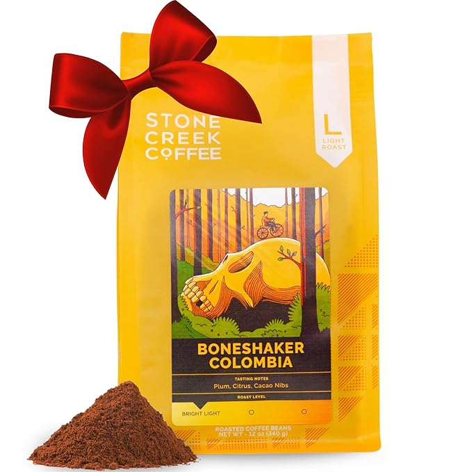 Stone Creek Coffee Light Roast Ground Coffee – 12 Ounce (Pack of 1) – Smooth Specialty Fresh Roasted Coffee Beans with Juicy and Citrus Tasting Notes, Boneshaker Colombia