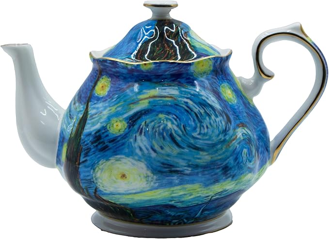 Teapot 30 oz Van Gogh Paintings Bone China Loose Tea Pot Floral Design Vintage Ceramic Coffee Water Pot European Style Porcelain (Starry Sky)