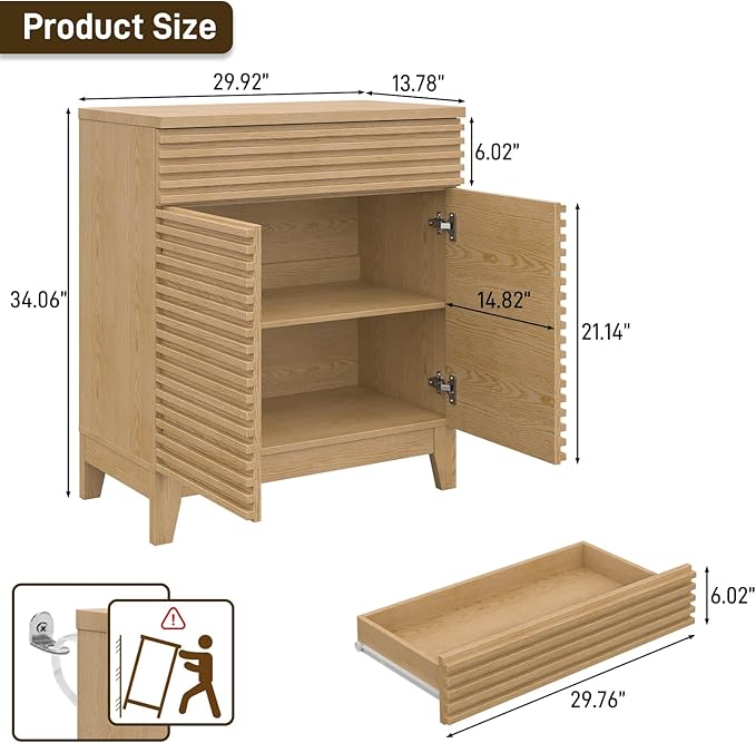 Fluted Coffee Bar Cabinet, Natural Storage Cabinet with 2 Doors and Drawer, Buffet Sideboard with Adjustable Shelves, Floor Storage Cabinets for Kitchen, Living Room, Dining Room
