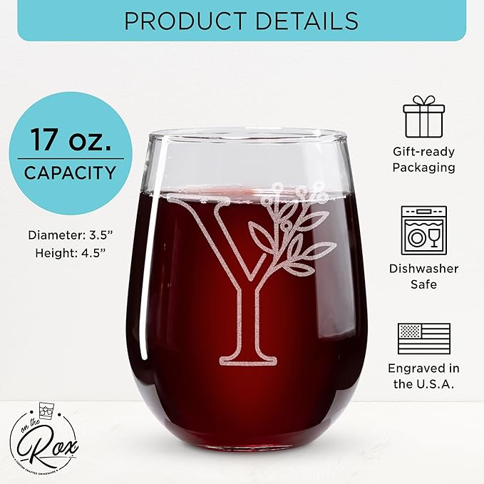 On The Rox Drinks Monogrammed Gifts For Women and Men - Letter A-Z Initial Engraved Monogram Stemless Wine Glass - 17 Oz Personalized Wine Gifts For Women and Men (Y)