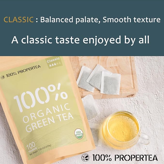 100% Propertea Organic Green Tea Bags, 100 Count Eco-Friendly Tea Bags, Classic Taste, Caffeinated, Rich in Antioxidants, Resealable Pouch