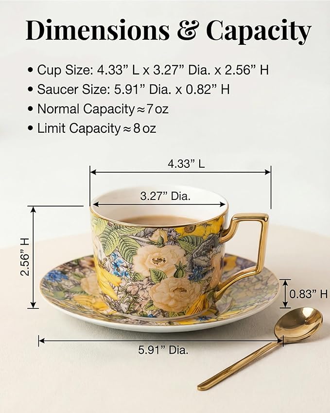 Exquisite Bone China Tea Cups and Saucer Set – Elegant Porcelain Tea Cups, Beautifully Detailed for Tea Lovers, Gift-Ready for Christmas, Hostess, Holiday Gift & Fall Decor