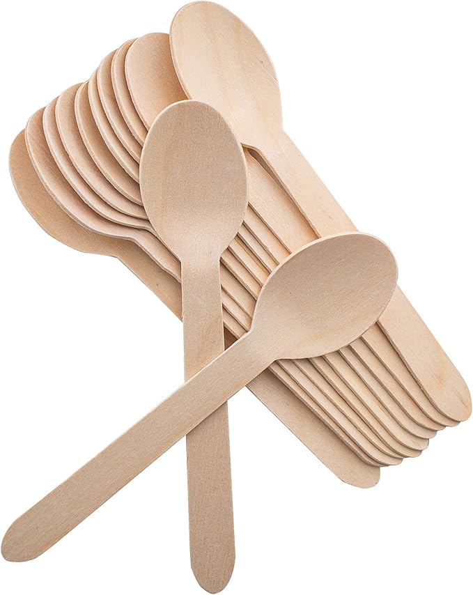 Disposable Wooden Forks -Pack of 100, 6.5" Length-Biodegradable, Natural Wooden Utensils, Great for Parties,Camping,Weddings&Dinner Events (Spoons)