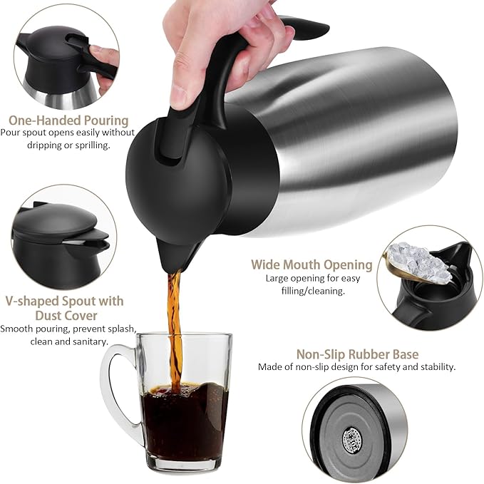 68OZ Thermal Coffee Carafes for Keeping Hot, 2 Liter Stainless Steel Thermal Carafe, Double Wall Vacuum Insulated Pitcher Tea Pot for Coffee Tea Keep Hot 12 Hours, Silver & Black