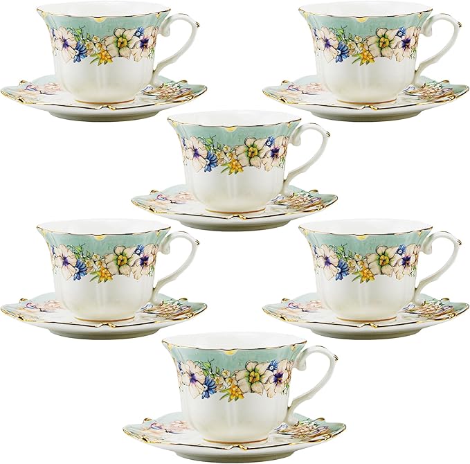 TATSUMI Country Roses 18 Peices Bone China Tea Cup And Saucer Set, English Vintage Tea Cups Of 6 For Women And Tea Party Sets(Dutch Blue, 6 sets)