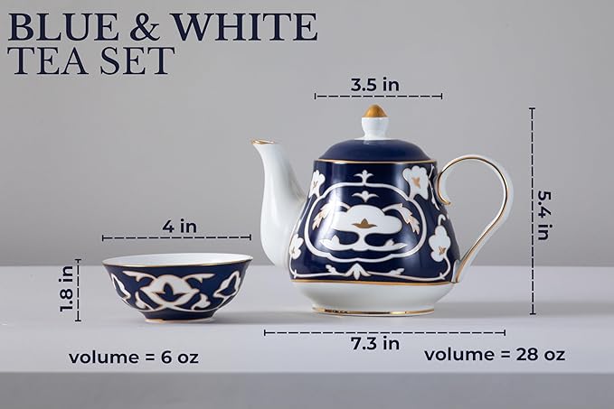 Blue and White Tea Set - 28 oz. Bone China Teapot and 6 oz. Tea Cups with White Vintage Design - Elegant Tea Serving Set for Kitchen and Gift for Women, Men, Adults and Tea Lovers