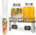 Glass Drink Dispensers For Parties, 2 PACK 1 Gallon Beverage Dispenser With Stand And Spigot Leak proof. Lemonade Dispenser With Ice Cylinder and Chalk board