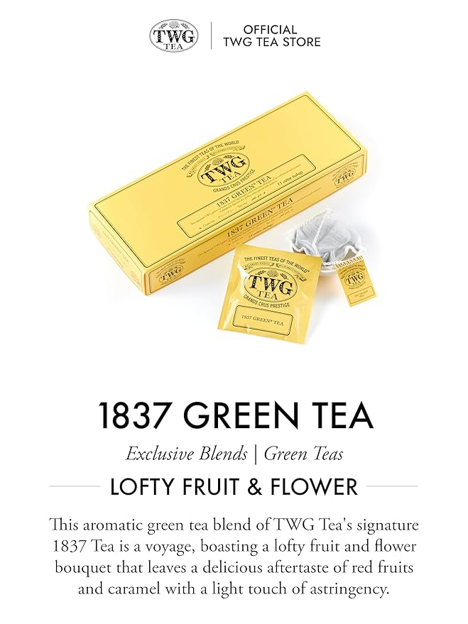 TWG Tea | 1837 Green Tea | Green Tea | Strawberry & Caramel | 15 Hand Sewn Cotton Tea Bags | Gift Set