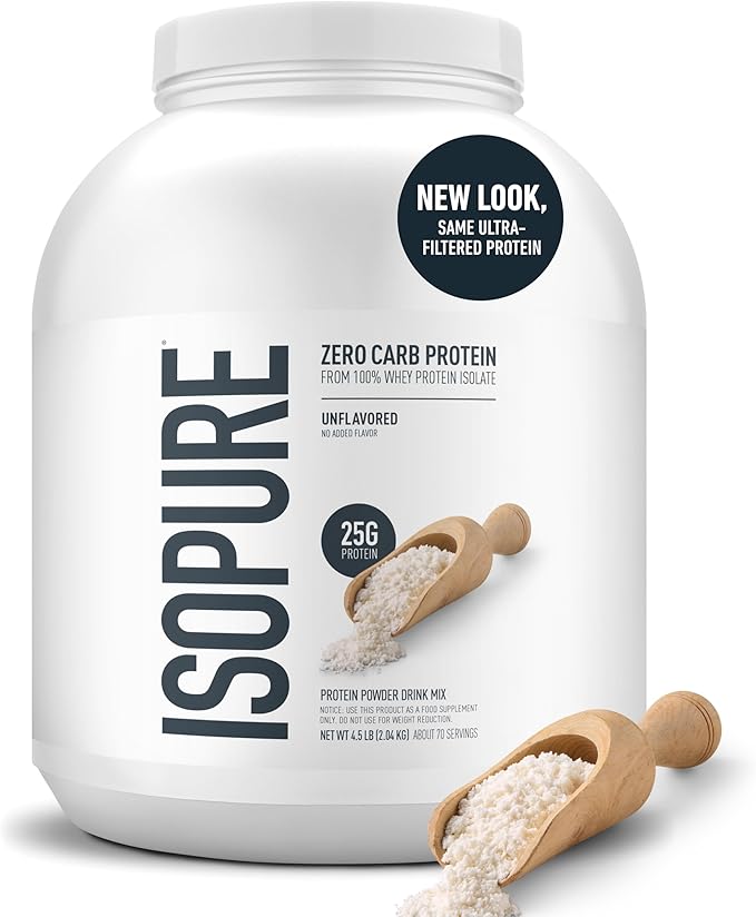 Isopure Zero Carb 100% Pure Whey Isolate Protein Powder, Lactose-Free, Gluten-Free, with Vitamins, Unflavored, 25g Protein Per Serving, 4.5 Lbs, 70 Servings (Packaging May Vary)