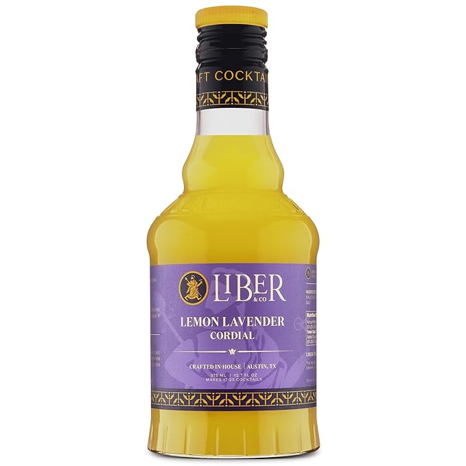 Liber & Co. Lemon Lavender Cordial (12.7 oz) - Craft Cocktail Mixer with 63% Cold-Pressed California Lemons & French Lavender - Perfect for Margaritas, French 75s & Floral Cocktails (12.7 Fl Oz)
