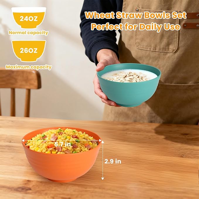 Homienly Wheat Starw Cereal Bowls, Unbreakable Bowl Set 6 PCS, Microwave and Dishwasher Safe Bowls, Alternative to Plastic Bowl Reusable, Bowl Set for Kitchen, Picnic, Camping, Party (26 OZ, Colorful)