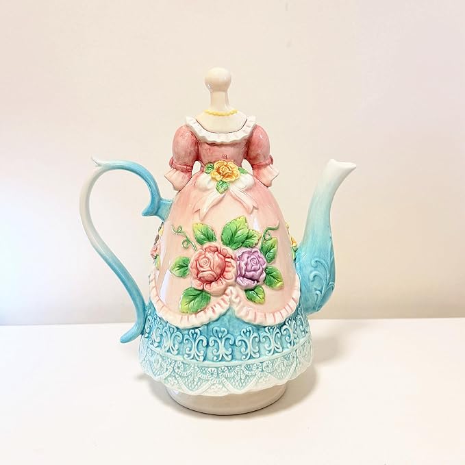 Large Ceramic Teapot and Coffee Pot with Lid, 3D Embossed Victoria Pink Rose Flowers Decorative Teapot (Multicolour)