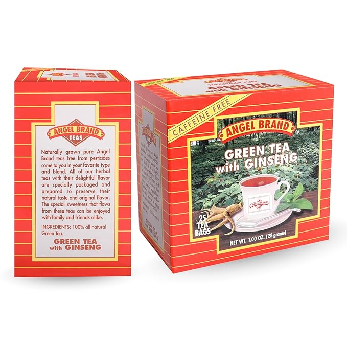 Angel Brand Green Tea with Ginseng Tea Bags, 25 Bags per Box, Pack of 3, Traditional Green Tea Blend with Ginseng Root, Smooth Balanced Flavor