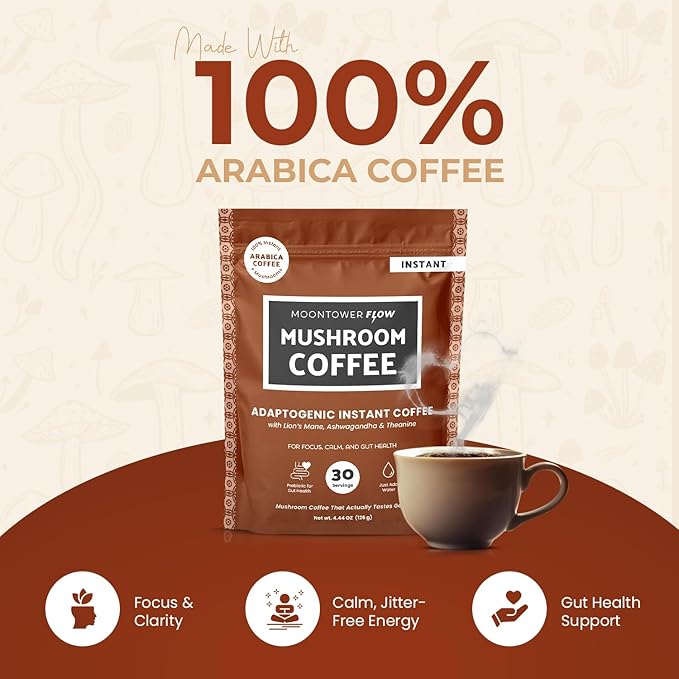 Instant Mushroom Coffee - Organic Adaptogenic Coffee Blend with Lion's Mane, Ashwagandha, L-Theanine & Prebiotic Inulin for Focus, Calm Energy & Gut Health Support - 30 Servings by Moontower