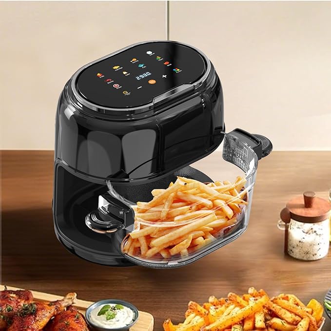 6QT All-Glass Air Fryer with 360° View - 8-in-1 Functions (Fries/Wings/Fish/Shrimp), Presets, Digital Touchscreen, Nonstick Basket, Dishwasher Safe, Extra-Long Design for Whole Fish & Asparagus