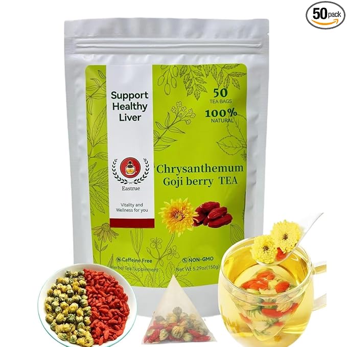 Eastrue Organic Goji Berry & Chrysanthemum Tea,50 Tea Bags, Traditional Herbal Tea for Stress Relief & Natural Cleanse,Better Sleep,Caffeine Free,Non-GMO
