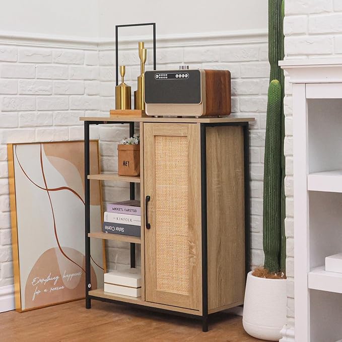 ALBAD Boho Sideboard Buffet Cabinet with 3 Tier Storage Shelves and Rattan Doors Rustic Farmhouse Coffee Bar Console Table for Living Room, Kitchen, Dining Room, Home Entryway