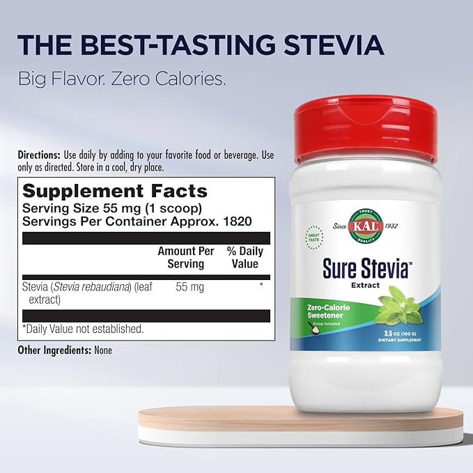 KAL Sure Stevia Extract Powder, Low Carb, Plant Based Stevia Sweetener, Great Taste, Zero Calories, Zero Sugar, Low Glycemic & Perfect for a Keto Diet, 60-Day Guarantee, Approx. 1820 Servings, 3.5oz