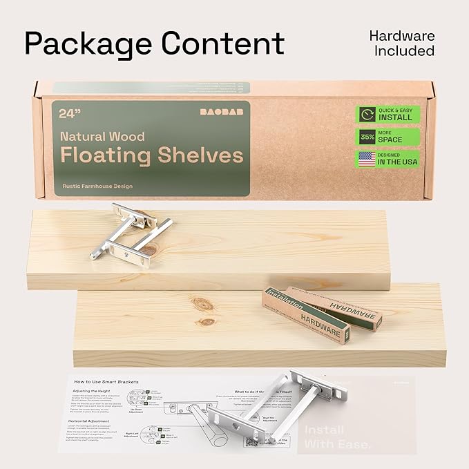 BAOBAB WORKSHOP Wood Floating Shelves for Bathroom Wall - Rustic Shelf 24 inch - Floating Wooden Shelves for Bedroom Kitchen Living Room - Natural Wood Shelves, 24W x 6.7D, Set of 2