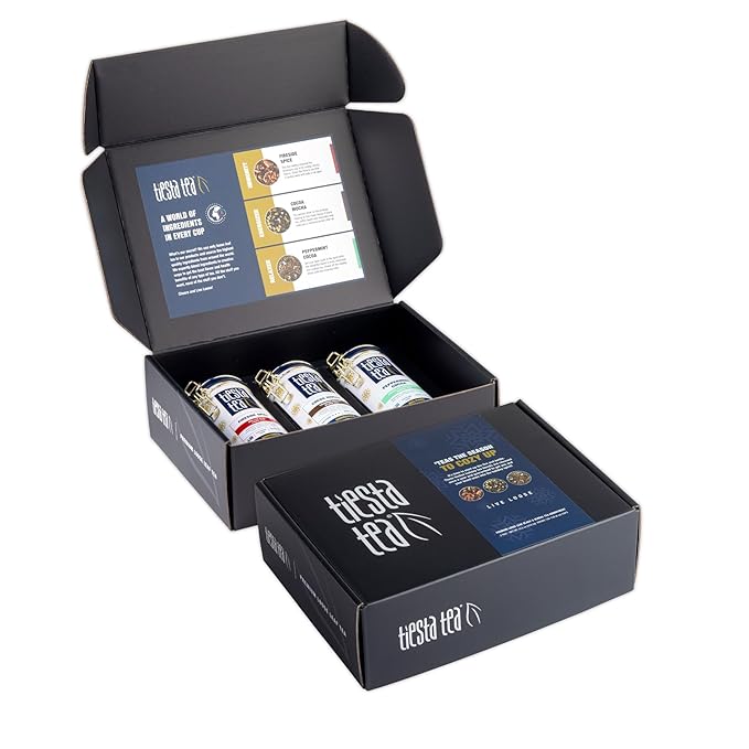 Tiesta Tea - Holiday Loose Leaf Tea Gift Set, High to Non-Caffeinated Holiday Blends, 3 Tins of Hot & Iced Brews Variety Pack, Fireside Spice, Peppermint Cocoa & Cocoa Mocha