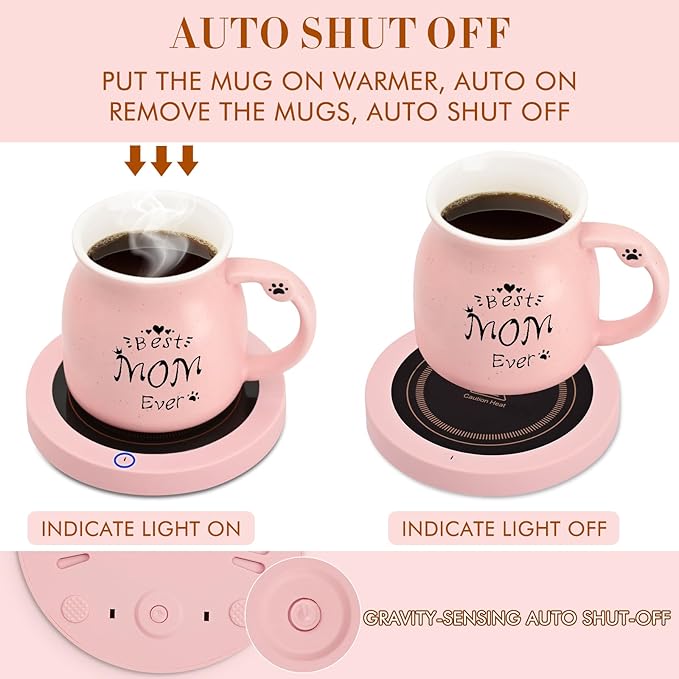 Coffee Mug Warmer, Best Mom Ever Mug, Cute Cat Mug Set, Cup Warmer for Desk, Gifts for Women, Pink Heated Warmer for Mom Home Office Christmas Birthday Gifts