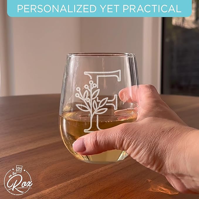 On The Rox Drinks Monogrammed Gifts For Women and Men - Letter A-Z Initial Engraved Monogram Stemless Wine Glass - 17 Oz Personalized Wine Gifts For Women and Men (F)