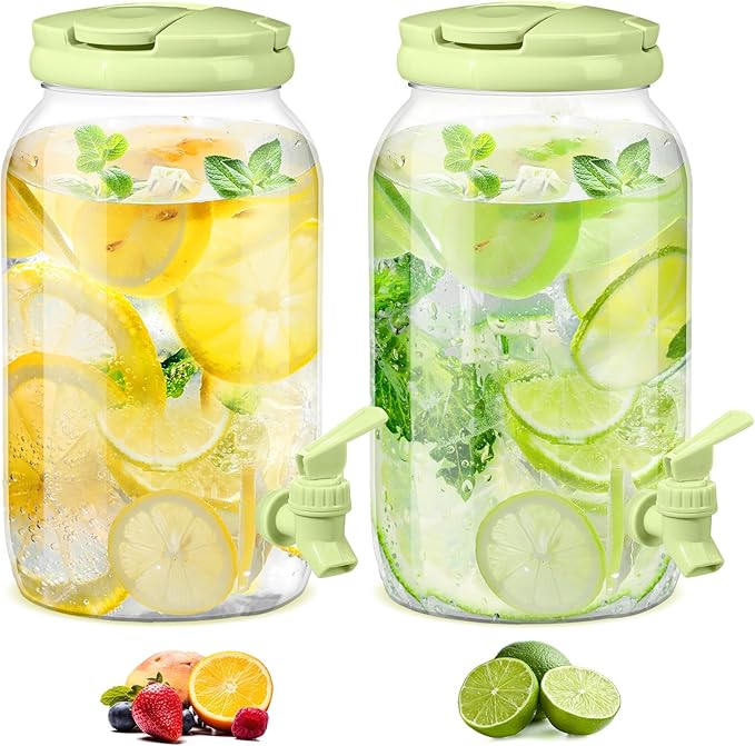 Havawish 2 Pcs 1 Gallon Plastic Beverage Dispenser with Spigot Clear Summer Kitchen Fridge Drink Dispenser for Parties Lemonade Juice Tea Beer Cold Water(Green,Cylinder)