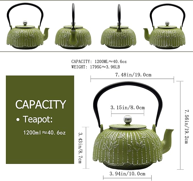 Tea Kettle, Japanese Cast Iron Teapot with Stainless Steel Infuser, Cast Iron Tea Kettle, Durable Teapot Coated with Enameled Interior (40.6oz Sage Green Bamboo Leaf Pattern)