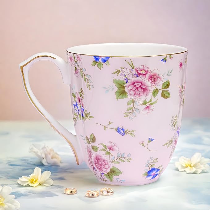 13oz Bone China Floral Mug with Gold Bone China Coffee Mugs Bone Teacup Christmas Mugs Birthday Gifts for Women Mom Friends Coworker