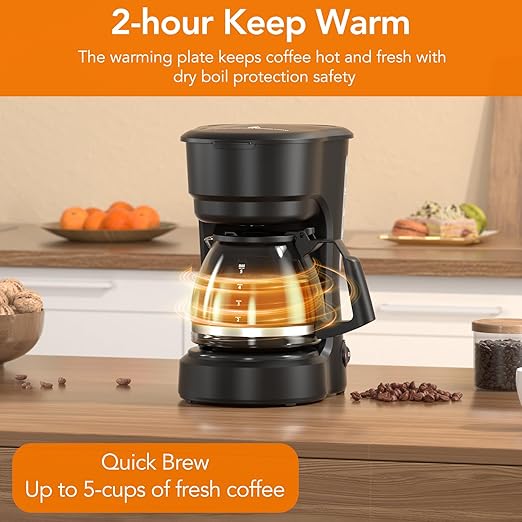 Pro 5-Cup Coffee Maker–Energy-Efficient Drip Coffee Machine Brewer with Quick Pause N Serve,Stainless Steel Filter & Extended Keep-Warm–Compact for Office & Small Kitchen